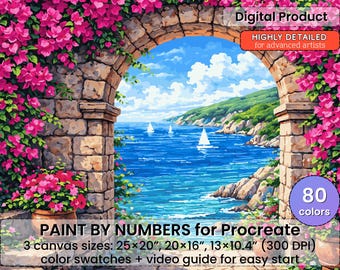 地中海風アーチビューのペイントバイナンバー（Procreate用） – 海岸の花と海の風景 | デジタルダウンロード