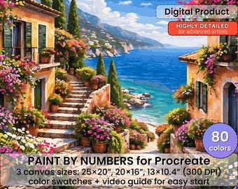 地中海の路地裏の塗り絵（Procreate用）- 沿岸の村 | デジタルダウンロード