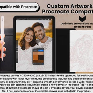 May include: An iPad displaying a custom artwork of a smiling couple, with the text "Compatible with Procreate" and "Custom Artwork - Procreate Compatible." The main canvas size is 7500x6000 px (25x20 inches).