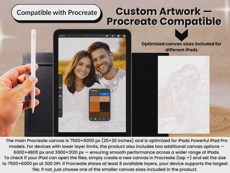 May include: An iPad displaying a custom artwork of a smiling couple, with the text "Compatible with Procreate" and "Custom Artwork - Procreate Compatible." The main canvas size is 7500x6000 px (25x20 inches).