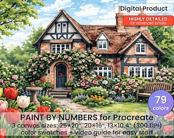 Procreate用数字で描くイングリッシュコテージガーデン – 魅力的な花々が咲き誇るコテージ風景 | デジタルダウンロード