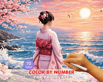 Kimono Sunset Paint by Number for Procreate – Japanese Seascape Art | Digital Download