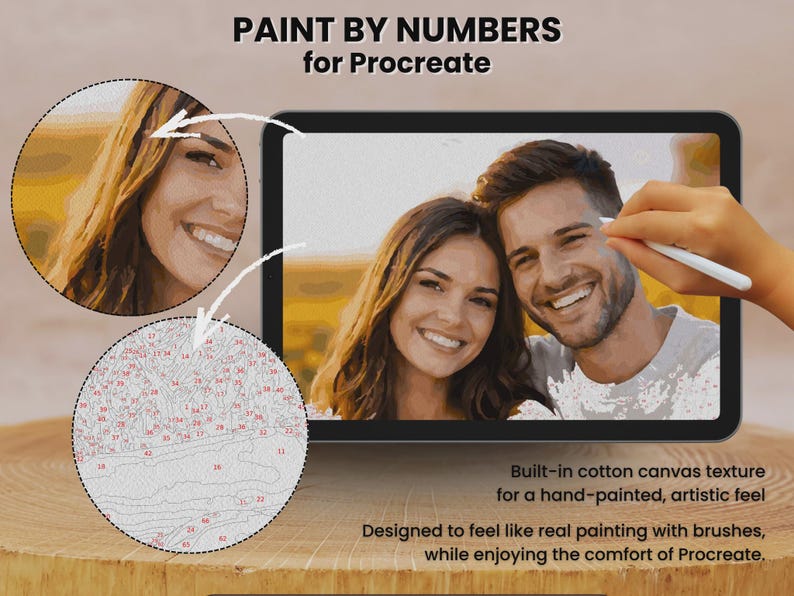May include: A digital paint-by-numbers design for Procreate, featuring a smiling couple. The image includes a close-up of a woman's face and a numbered guide. Text reads "PAINT BY NUMBERS for Procreate". The design offers a hand-painted feel.