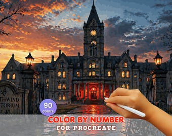 Haunted Sanatorium Paint by Number for Procreate – Gothic Asylum Building at Sunset | Digital Download