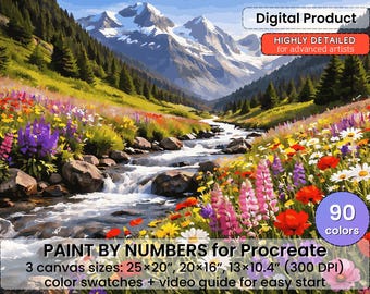 アルプスのワイルドフラワー・バレーの塗り絵（Procreate用） – 山の風景画 | デジタルダウンロード