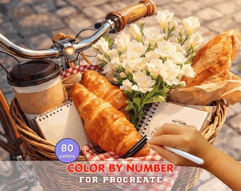 French Picnic Basket Paint by Number for Procreate – Croissants Coffee Cozy Scene | Digital Download