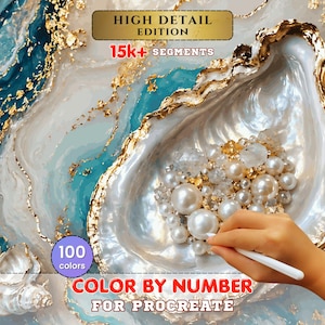 May include: A digital colour by number kit for Procreate featuring a high detail edition with 15k+ segments and 100 colours. The artwork displays a large iridescent oyster shell filled with white pearls and clear crystals against a teal and gold background.