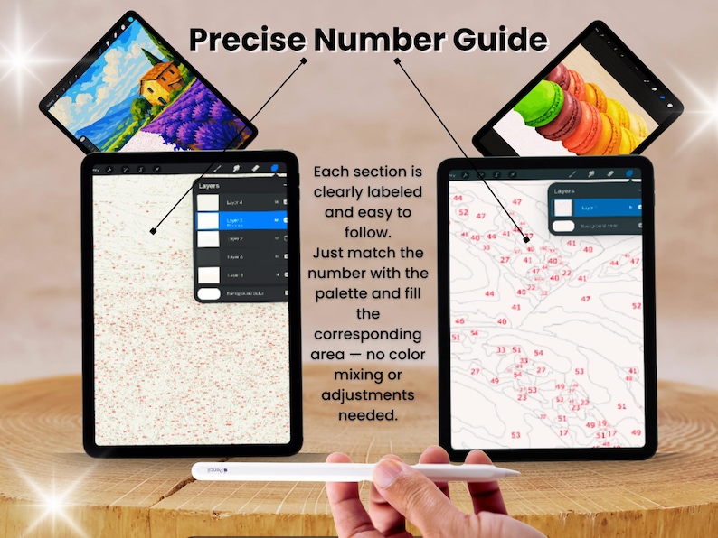 May include: Two digital tablets showing paint-by-number designs. One displays a landscape, the other macarons. Text reads "Precise Number Guide." Instructions advise matching numbers to the palette for easy painting.
