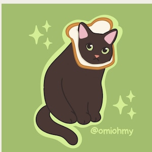 Gato negro con sombrero de rebanada de pan // Adhesivo de vinilo mate de 2,5"