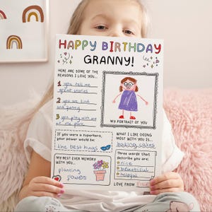 Joyeux anniversaire grand-mère à colorier | Modèle d'activité imprimable Tout sur ma grand-mère | Carte de voeux d'anniversaire de grand-mère pour enfants