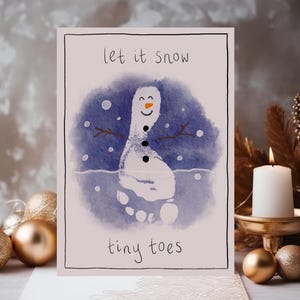 Biglietto di auguri natalizio con impronte di piedi di bambino fai da te, ricordo personale, stampabile, ricordo per bambini, il mio primo ricordo di Natale, modello di biglietto con pupazzo di neve in formato A5