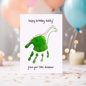 Afdrukbare handafdruk papaverjaardagskaart Leuke DIY peuter activiteit dinosaurus wenskaart voor vader thuis Kids Craft