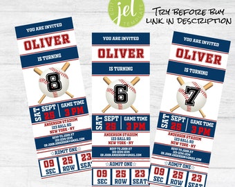 Modèle de billet de baseball, invitation de billet de sport, invitation de tout âge, invitation de fête d'anniversaire de baseball, billet de baseball