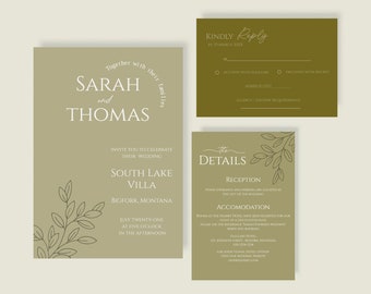 Ensemble d'invitations de mariage vert sauge, suite de mariage minimaliste, faire-part de mariage eucalyptus, kit stationnaire Boho