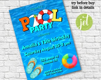 Invitación a fiesta en la piscina, invitación para cualquier edad, fiesta en la piscina totalmente editable, invitación a la fiesta de verano, cumpleaños número 13, descarga instantánea