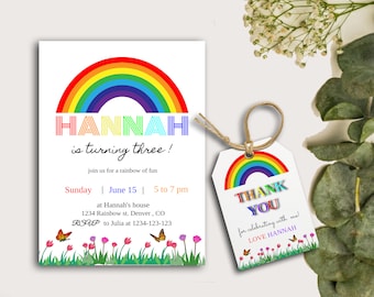 Rainbow Birthday invitation,Editable Invitation Girl, Colorful Modern, Rainbow party, jettemplate