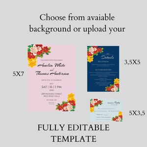 Pode incluir: Um modelo de convite de casamento com fundo rosa e design floral. O texto diz "Juntos com nossa fam&iacute;lia, Amelia White e Thomas Anderson, convidam voc&ecirc; a celebrar Sept 16 | 1 PM 20XX, 208 Wedding Street, Wild Rose Villa, Huston, TX". O modelo &eacute; totalmente edit&aacute;vel.