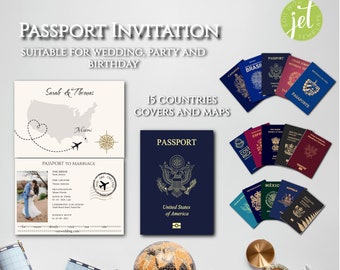 Invitación de boda de pasaporte personalizada, fiesta de cumpleaños, plantilla de invitación de pasaporte, imprimible, descarga instantánea