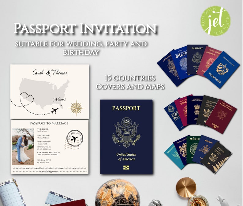 Op de afbeelding: Een paspoort-uitnodigingstemplate met een blauw en gouden ontwerp. De template bevat een kaart van de Verenigde Staten met een hartvorm boven Miami, Florida. De tekst "Passport to Marriage" is op de template gedrukt. De template is geschikt voor bruiloften, feestjes en verjaardagen.