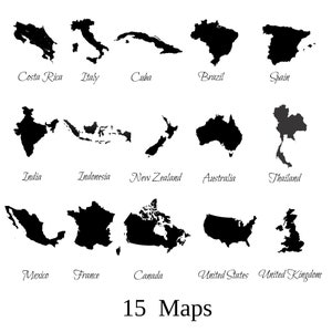 Op de afbeelding: Zwart-witte omtrekkaarten van 15 landen, waaronder Costa Rica, Itali&euml;, Cuba, Brazili&euml;, Spanje, India, Indonesi&euml;, Nieuw-Zeeland, Australi&euml;, Thailand, Mexico, Frankrijk, Canada, de Verenigde Staten en het Verenigd Koninkrijk. De tekst "15 Kaarten" staat onderaan de afbeelding.