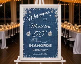 Signo de bienvenida de mezclilla y diamantes para cualquier edad, tema de cumpleaños editable de mezclilla y diamantes