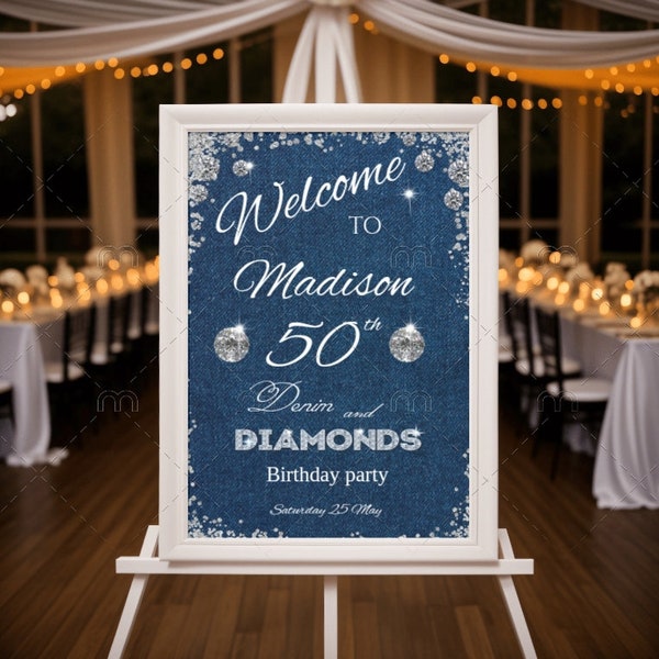 Denim and Diamonds Welcome sign for Any Age, Editable Denim and diamonds birthday theme