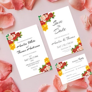 Pode incluir: Convite de casamento "Save the date" com design floral. Amelia e Thomas casam-se no s&aacute;bado, 16 de novembro. O convite inclui o endere&ccedil;o do casamento e as informa&ccedil;&otilde;es RSVP.