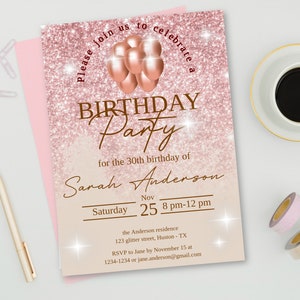 Rose Gold Einladung für jedes Alter, bearbeitbare Rose Gold Geburtstag Thema, Rose Gold Party einladen, 30. Geburtstag