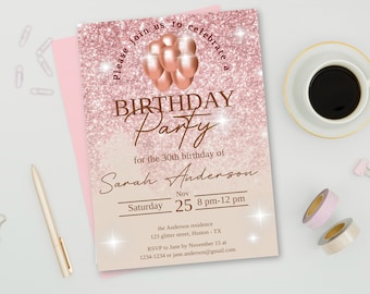 Invitación de oro rosa para cualquier edad, tema de cumpleaños de oro rosa editable, invitación a fiesta de oro rosa, cumpleaños número 30