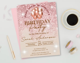 Rose Gold invitation for Any Age, Editable rose gold birthday theme, Rose gold party invite, 30th birthday