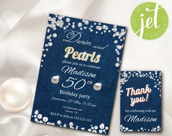 Invitación de mezclilla y perlas para cualquier edad, tema de cumpleaños editable de mezclilla y perlas