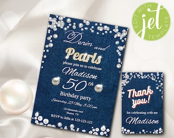 Denim and Pearls invitation for Any Age, Editable Denim and Pearls birthday theme