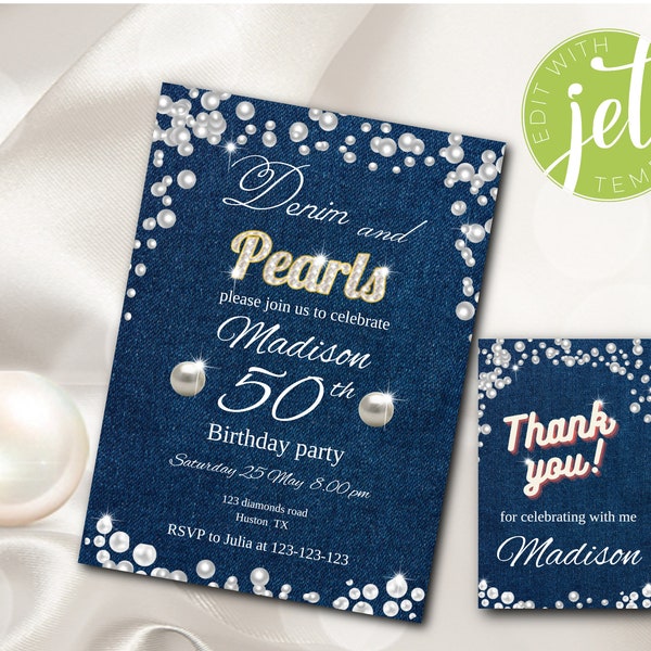 Denim and Pearls invitation for Any Age, Editable Denim and Pearls birthday theme