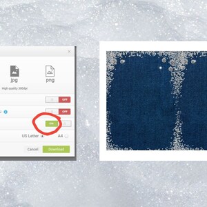May include: A screenshot of a computer screen showing a download options menu with options for PDF, JPG, and PNG file formats. The menu also includes options for adding bleed, showing trim marks, and saving paper. The menu has a button labeled "Download".