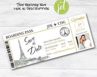 Paris Boarding Pass, boarding pass save the date template, Travel template,  Paris save the date, Instant Downoad