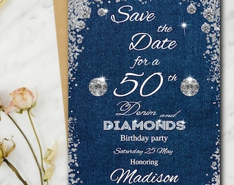 Denim and Diamond- Save the date for Any Age birthday party, Editable Denim and diamond