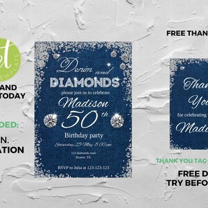 May include: A 5 x 7 inch invitation for a 50th birthday party. The invitation is blue with silver glitter and says "Denim and Diamonds" and "Madison 50th Birthday Party".