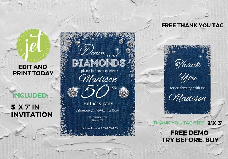 May include: A 5 x 7 inch invitation for a 50th birthday party. The invitation is blue with silver glitter and says "Denim and Diamonds" and "Madison 50th Birthday Party".