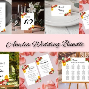 Pode incluir: Um conjunto de papelaria de casamento com tema floral. O conjunto inclui uma placa de boas-vindas, um n&uacute;mero de mesa, um menu, um cart&atilde;o de detalhes, um cart&atilde;o de recep&ccedil;&atilde;o, um cart&atilde;o de guardar a data e um mapa de lugares. O design floral apresenta flores vermelhas, amarelas e verdes.