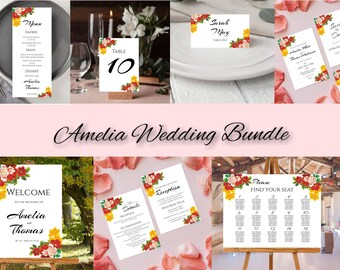 AMELIA Wedding Stationary Bundle, Peony Floral wedding bundle template, WildFlower wedding Set, DIY Wedding Stationary kit