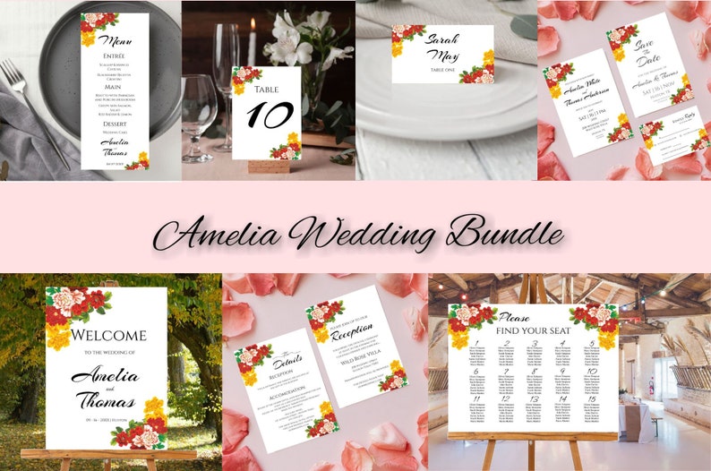 Pode incluir: Um conjunto de papelaria de casamento com tema floral. O conjunto inclui uma placa de boas-vindas, um n&uacute;mero de mesa, um menu, um cart&atilde;o de detalhes, um cart&atilde;o de recep&ccedil;&atilde;o, um cart&atilde;o de guardar a data e um mapa de lugares. O design floral apresenta flores vermelhas, amarelas e verdes.