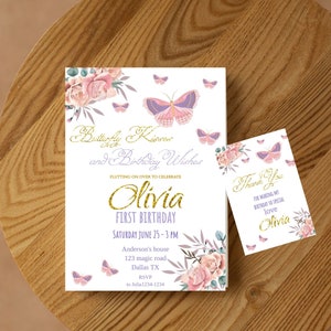 Butterfly birthday Invitation, Butterfly invitation, Retro 1st Birthday invite