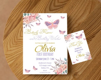 Butterfly birthday Invitation, Butterfly invitation, Retro 1st Birthday invite