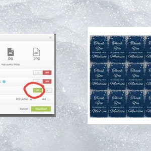 May include: A computer screen showing a download options menu with options for PDF, JPG, and PNG file formats. The menu also includes options for adding bleed, showing trim marks, and saving paper. The screen shows a preview of a sheet of 12 thank you cards with a blue denim background and silver glitter accents. The text on the cards reads "Thank You for celebrating with us Madison".