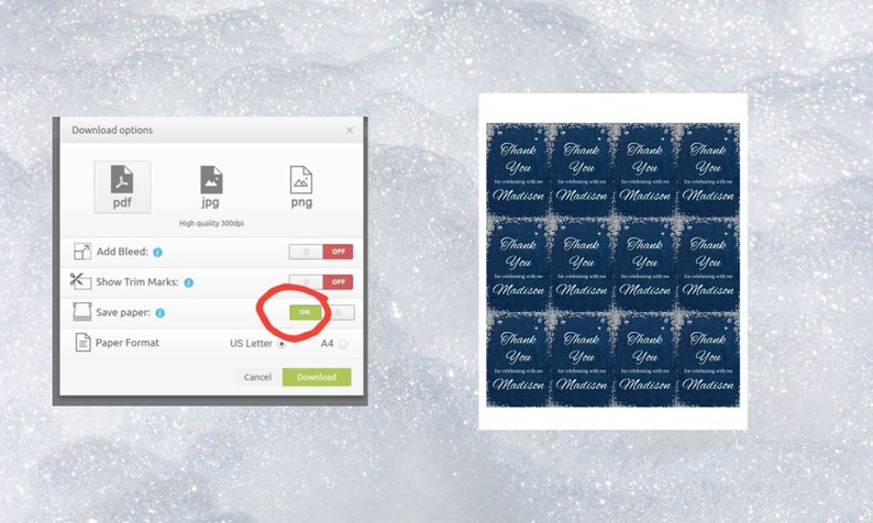 May include: A computer screen showing a download options menu with options for PDF, JPG, and PNG file formats. The menu also includes options for adding bleed, showing trim marks, and saving paper. The screen shows a preview of a sheet of 12 thank you cards with a blue denim background and silver glitter accents. The text on the cards reads "Thank You for celebrating with us Madison".