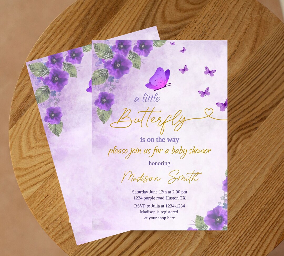 Purple Butterfly Baby Shower Invitation, Purple Butterfly Invitation