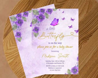 Purple Butterfly Baby Shower Invitation, purple butterfly invitation baby shower , Instant Download