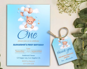 Invitación de cumpleaños de osito de peluche, osito con globos, plantilla imprimible digital de fiesta de osito de peluche, INSTANTE