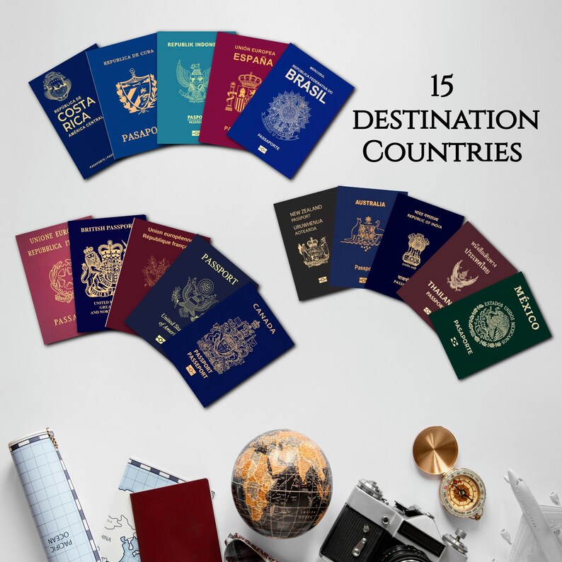 Op de afbeelding: Een verzameling van 15 paspoorten uit verschillende landen, waaronder Costa Rica, Indonesi&euml;, Spanje, Brazili&euml;, Nieuw-Zeeland, Australi&euml;, India, Thailand, Mexico en het Verenigd Koninkrijk. De paspoorten zijn in een cirkel op een wit oppervlak gerangschikt, met een wereldbol, een kompas en een camera in het midden.