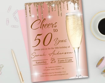 Rose Gold Cheers a la invitación de 50 años, para cualquier edad, tema de cumpleaños de oro rosa editable, invitación a la fiesta de oro rosa, fiesta de cumpleaños número 50